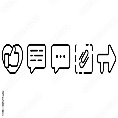 Line icons, likely for social interactions, show "like", "comment", "attachment", and "share" buttons. 