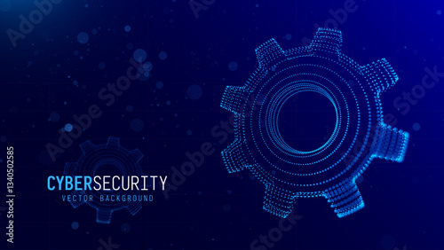 3D Gear Cogwheel Cyber Technology Settings Update Illustration. Blue Wireframe Mesh Design. Technical Security Online Support. Digital Engineering Cybersecurity Vector Illustration.