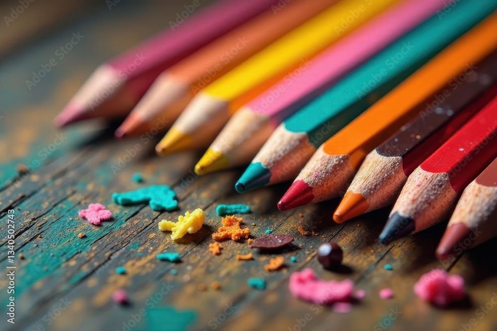 Vibrant Colored Pencils Arranged on a Rustic Wooden Surface with Colorful Confetti Vibrant Colored Pencils Arranged on a Rustic Wooden Surface with Colorful Confetti