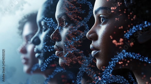 Diverse group of people with dna strands, symbolizing genealogy and genetic heritage.