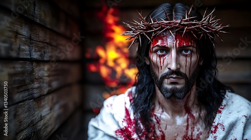 Jesus Christ, Crown of Thorns, Suffering, Fire Background, Religious Art