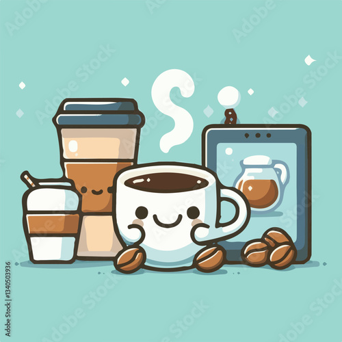 coffee, drink, cup, beverage, hot, morning, caffeine, espresso, cafe, background, black, breakfast, fresh, design, cappuccino, brown, mug, vector, white, mocha, isolated, aroma, set, latte, food, illu