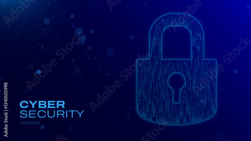 Abstract Blue Lock Icon. Cyber Security Concept. Lock Symbol From Falling Binary Digits and Lines. Digital Security Network. Digital Data Protect. Hi Tech Background. Vector Illustration.