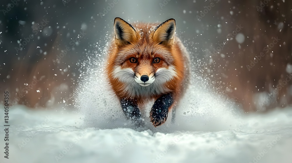 Fototapeta premium Striking Contrast of a Vibrant Red Fox Trotting Across a Snow Covered Meadow in a Scenic Winter Landscape