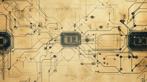 Complex circuit board design in blueprint vintage style