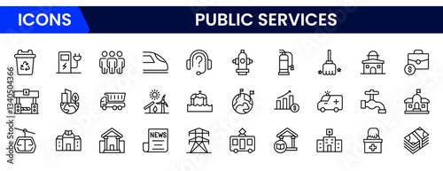  Public Services, service. Set of line icons in linear style. Electricity, water supply, gas supply, drainage, garbage removal, major repairs, heating, cold, hot water. Outline conceptual pictogram