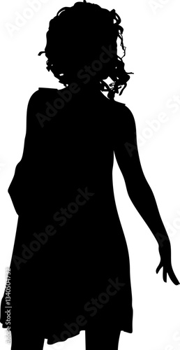 Elegant silhouette of a woman in a short dress with curly hair, portraying beauty and movement. Ideal for fashion and artistic designs, abstract feminine silhouette. Girl with curly hair illustration