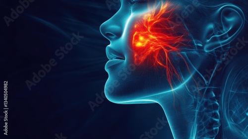 A combination of a realistic face rendering and a labeled trigeminal nerve diagram, with pain illustrated as a glowing red zone and text providing insights into neuralgia and its m illustration