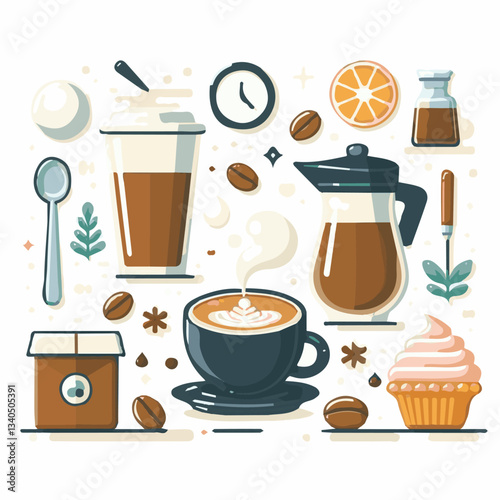 coffee, drink, cup, beverage, hot, morning, caffeine, espresso, cafe, background, black, breakfast, fresh, design, cappuccino, brown, mug, vector, white, mocha, isolated, aroma, set, latte, food, illu