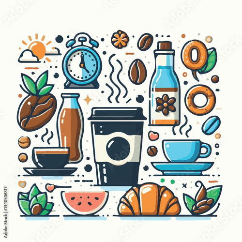 coffee, drink, cup, beverage, hot, morning, caffeine, espresso, cafe, background, black, breakfast, fresh, design, cappuccino, brown, mug, vector, white, mocha, isolated, aroma, set, latte, food, illu