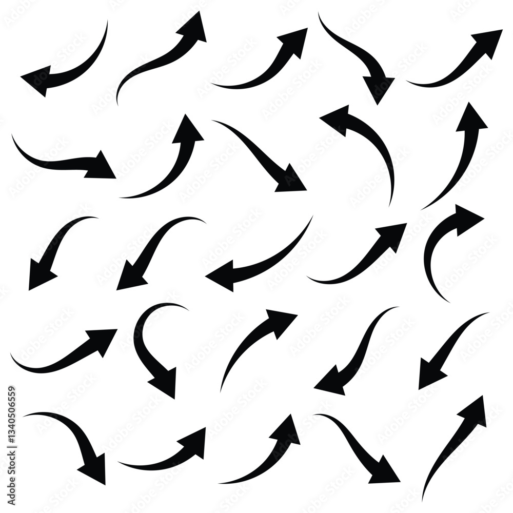 Curved Arrows sign. Set of curved arrows isolated on white background. Arrow twisted in various directions. Collection of pointers. Vector illustration. EPS 10