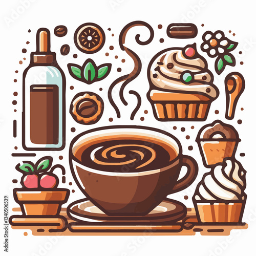 coffee, drink, cup, beverage, hot, morning, caffeine, espresso, cafe, background, black, breakfast, fresh, design, cappuccino, brown, mug, vector, white, mocha, isolated, aroma, set, latte, food, illu