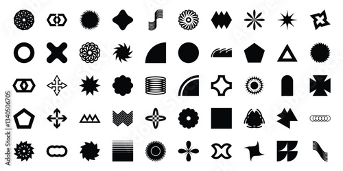 Brutalist abstract geometric shapes and grids. Brutal contemporary figure star oval spiral flower and other primitive elements. Swiss design aesthetic. Bauhaus memphis design. Vector illustration.