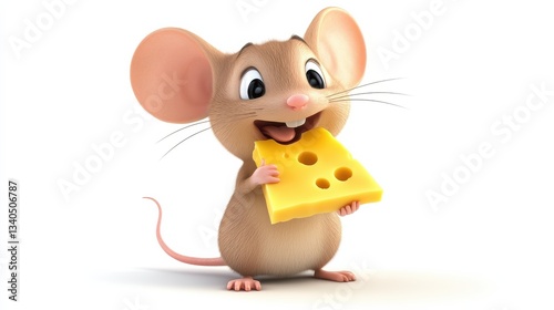 A cute cartoon mouse happily holding a piece of cheese, embodying charm and playfulness in a vibrant, lively setting, white background illustration