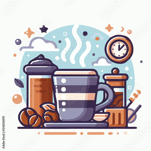 coffee, drink, cup, beverage, hot, morning, caffeine, espresso, cafe, background, black, breakfast, fresh, design, cappuccino, brown, mug, vector, white, mocha, isolated, aroma, set, latte, food, illu