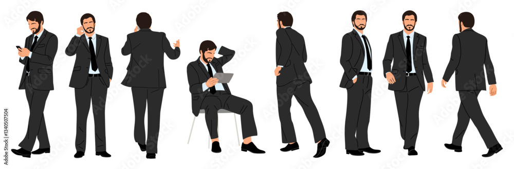 Set of Businessman character in different poses. Handsome man wearing formal suit standing , running, sitting, using phone, front, back and side view. Vector realistic illustration isolated Set of Businessman character in different poses. Handsome man wearing formal suit standing , running, sitting, using phone, front, back and side view. Vector realistic illustration isolated