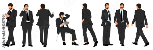 Set of Businessman character in different poses. Handsome man wearing formal suit standing , running, sitting, using phone, front, back and side view. Vector realistic illustration isolated