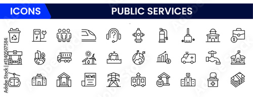 Public Services, service. Set of line icons in linear style. Electricity, water supply, gas supply, drainage, garbage removal, major repairs, heating, cold, hot water. Outline conceptual pictogram