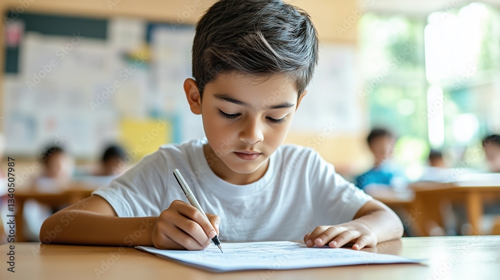 A boy student writing on paper with a pen while sitting at a desk in a classroom, surrounded by other students taking an exam A boy student writing on paper with a pen while sitting at a desk in a classroom, surrounded by other students taking an exam