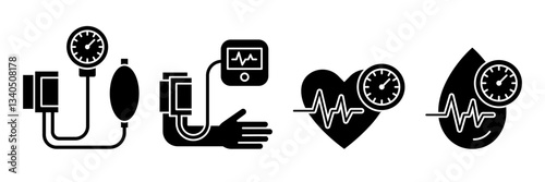 Blood pressure black line icon set on white background. Blood pressure logo, label, badge, symbol, banner, circle, black, thin, vector, isolated illustration.
