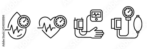 Blood pressure black line icon set on white background. Blood pressure logo, label, badge, symbol, banner, circle, black, thin, vector, isolated illustration.