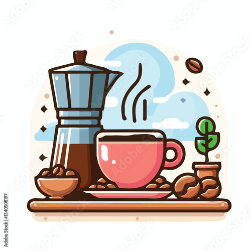 coffee, drink, cup, beverage, hot, morning, caffeine, espresso, cafe, background, black, breakfast, fresh, design, cappuccino, brown, mug, vector, white, mocha, isolated, aroma, set, latte, food, illu