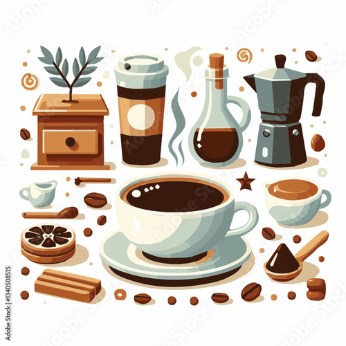 coffee, drink, cup, beverage, hot, morning, caffeine, espresso, cafe, background, black, breakfast, fresh, design, cappuccino, brown, mug, vector, white, mocha, isolated, aroma, set, latte, food, illu