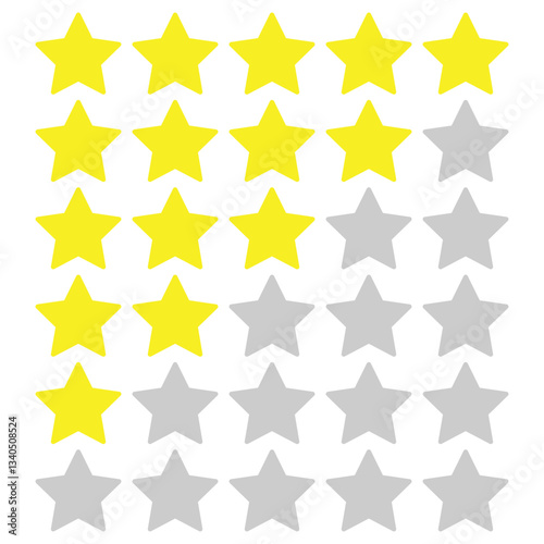 Five stars customer product review. 5 star rating icon. Rating stars. Feedback or review icon. Rank, level of satisfaction rating. Set of rating stars in different styles.