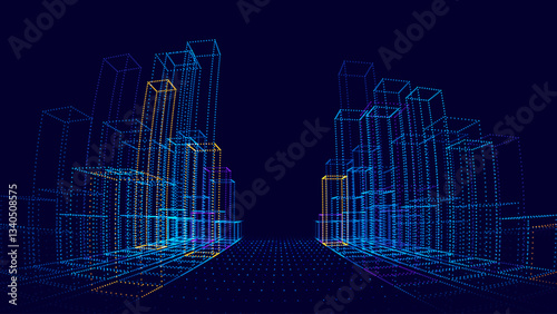 Invest in Future Smart Digital City Concept. Urban Architecture High Towers Concept of the Future City. Virtual Reality Abstract Digital Skyscraper Buildings. Modern Technology Vector Illustration.