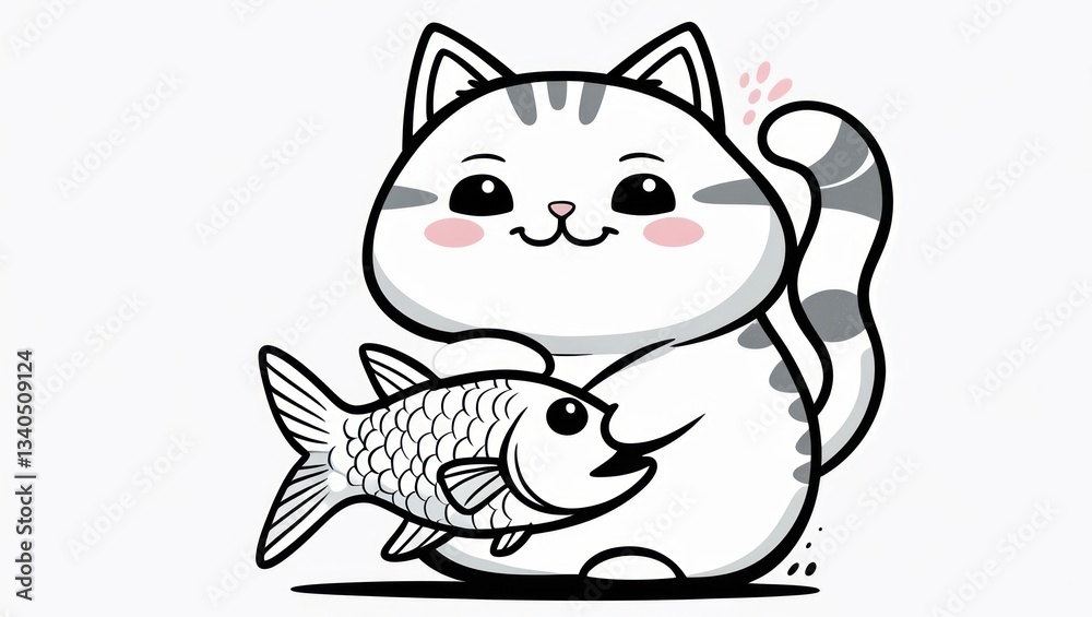 Obraz premium Cute cartoon cat holding fish
