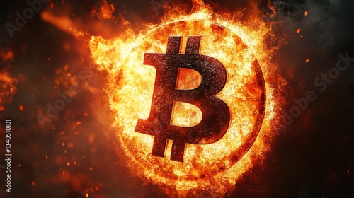 Bitcoin symbol engulfed in flames, bright and intense. Cryptocurrency concept