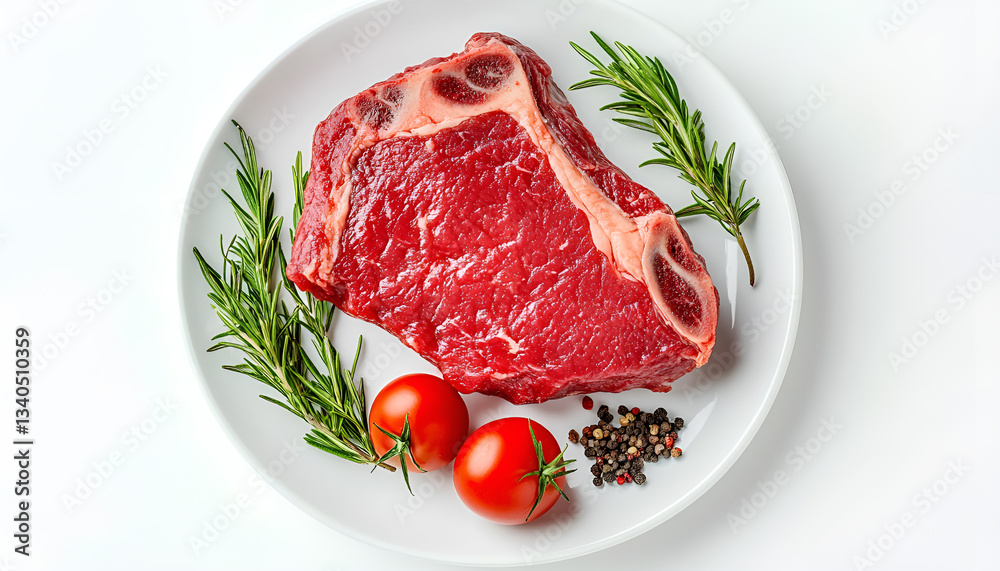Raw beef steak isolated on white background. Top view. Flat lay Raw beef steak isolated on white background. Top view. Flat lay
