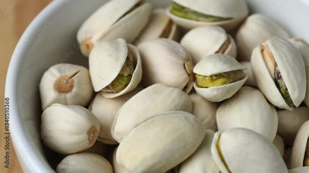 Dried pistachios in wooden bowl
