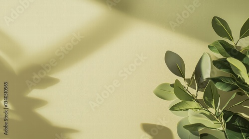 Nature's Whispers: A delicate interplay of light and shadow dances across a muted backdrop, accentuating the vibrant green of elegant leaves and evoking feelings of serenity.
