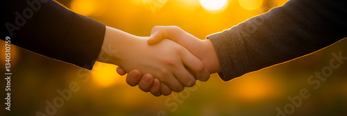Two business people shaking hands in agreement at sunset, sealing a deal outdoors.
