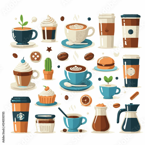 coffee, drink, cup, beverage, hot, morning, caffeine, espresso, cafe, background, black, breakfast, fresh, design, cappuccino, brown, mug, vector, white, mocha, isolated, aroma, set, latte, food, illu