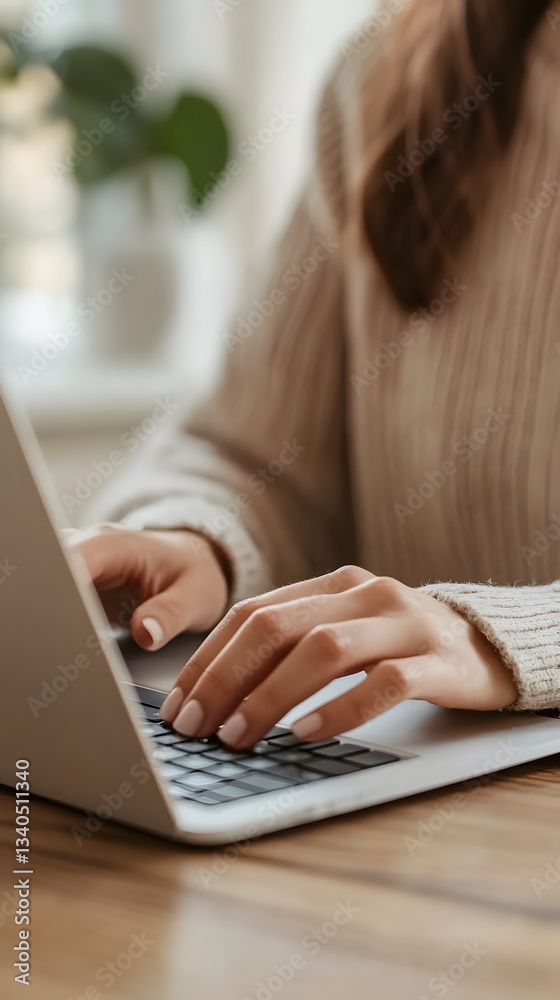 Fototapeta premium Focused entrepreneur typing on laptop in clean workspace.