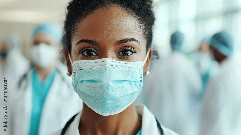 health, medicine and pandemic concept - close up of african american female doctor or scientist in protective mask over medical workers at hospital on background health, medicine and pandemic concept - close up of african american female doctor or scientist in protective mask over medical workers at hospital on background