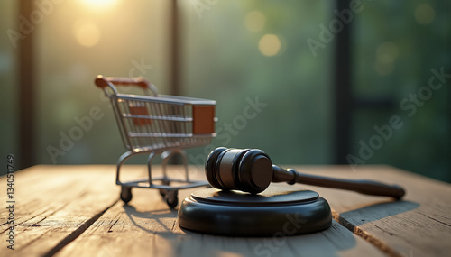 E-commerce Law Concept Shopping Cart & Judge's Gavel on Wood Table.
