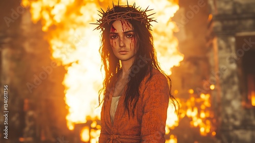 Woman in crown of thorns, fire scene, suffering, dramatic image