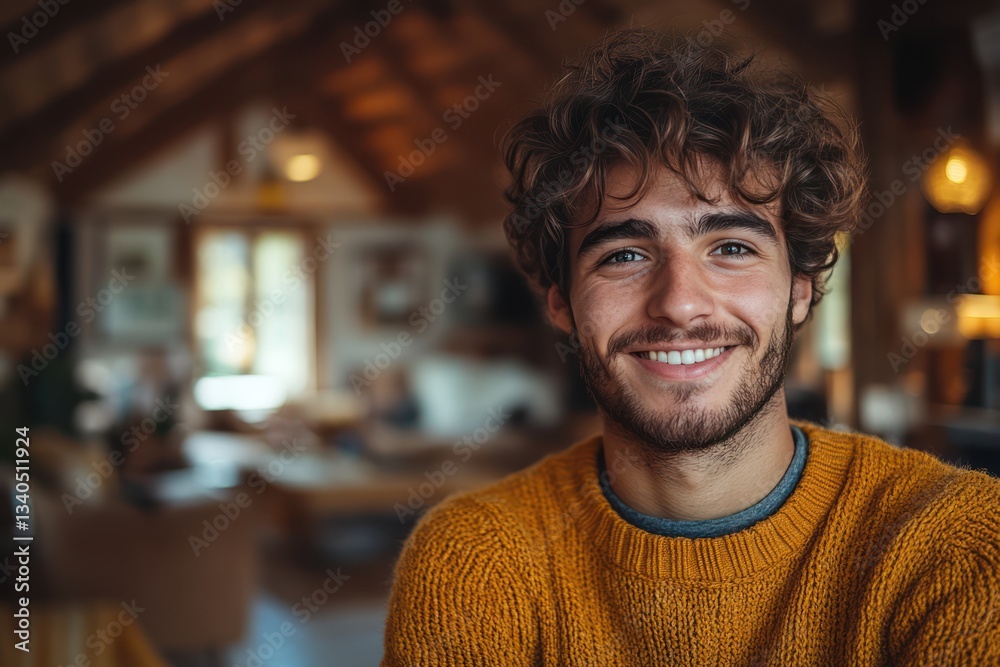 Smiling young man holding keys in front of small wooden house, real estate buyer or tenant concept portrait.