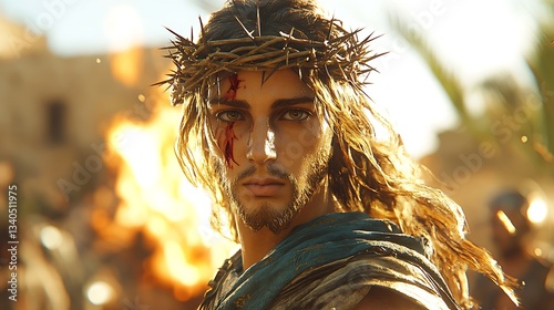 Man with crown of thorns, desert battle background, dramatic portrait