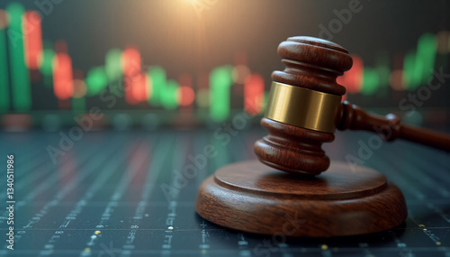 Legal gavel on stock market background, representing finance, law, and justice in business, trade, and economy.