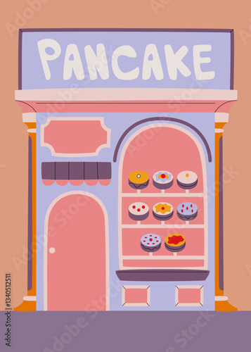 A charming pastel-colored pancake shop with delicious treats displayed in the window