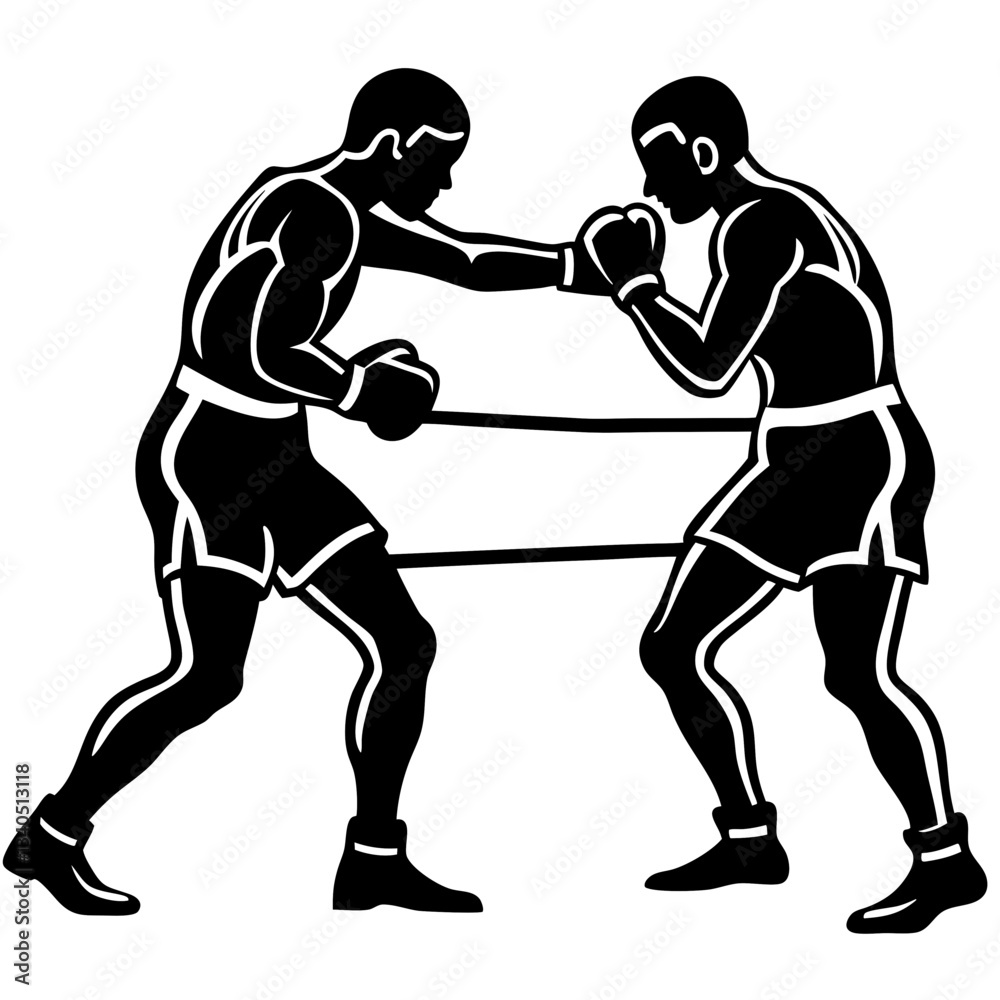 Silhouette of two boxers actively sparring in a boxing ring, symbolizing competition, strength, and agility Silhouette of two boxers actively sparring in a boxing ring, symbolizing competition, strength, and agility