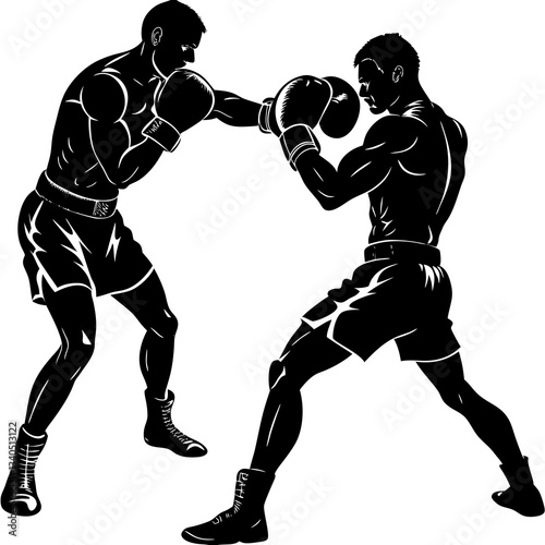 Silhouette of two boxers actively sparring in a boxing ring, symbolizing competition, strength, and agility