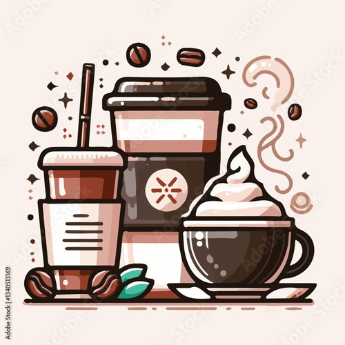 coffee, drink, cup, beverage, hot, morning, caffeine, espresso, cafe, background, black, breakfast, fresh, design, cappuccino, brown, mug, vector, white, mocha, isolated, aroma, set, latte, food, illu