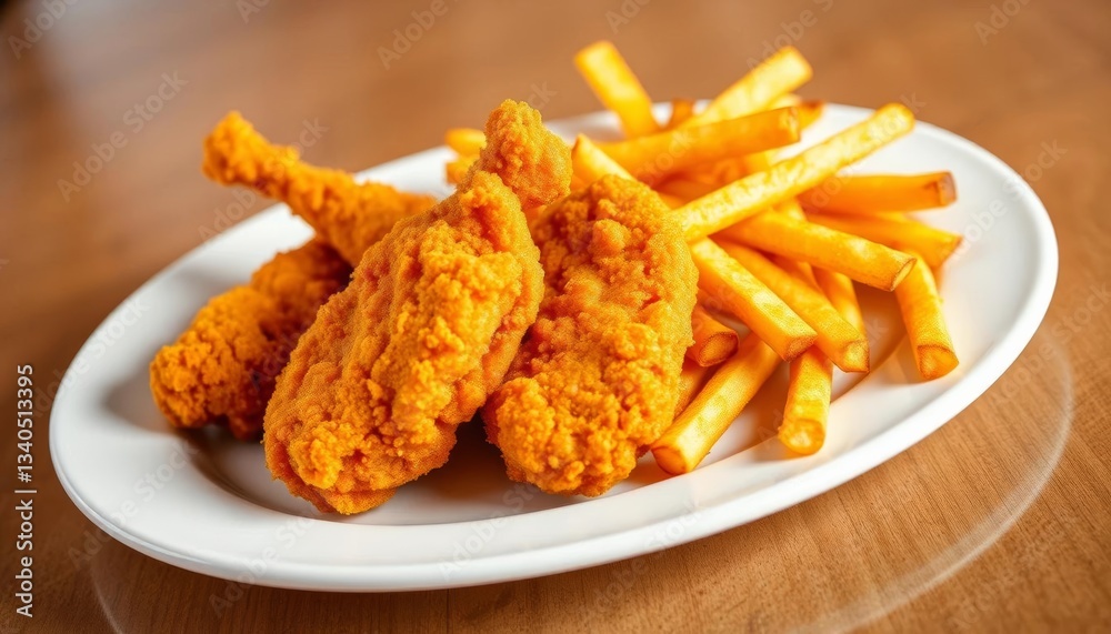 Golden-brown crispy chicken tenders and golden fries on a white plate, texture, American food Golden-brown crispy chicken tenders and golden fries on a white plate, texture, American food
