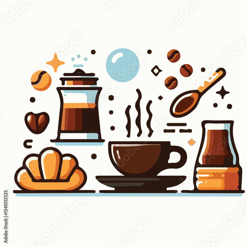 coffee, drink, cup, beverage, hot, morning, caffeine, espresso, cafe, background, black, breakfast, fresh, design, cappuccino, brown, mug, vector, white, mocha, isolated, aroma, set, latte, food, illu