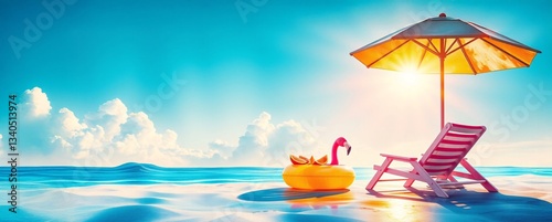 Flamingo Inflatable Belt and Travel Suitcase in  Turquoise  blue water with chair, umbrella and Beach Accessories  Summer Adventure Awaits.